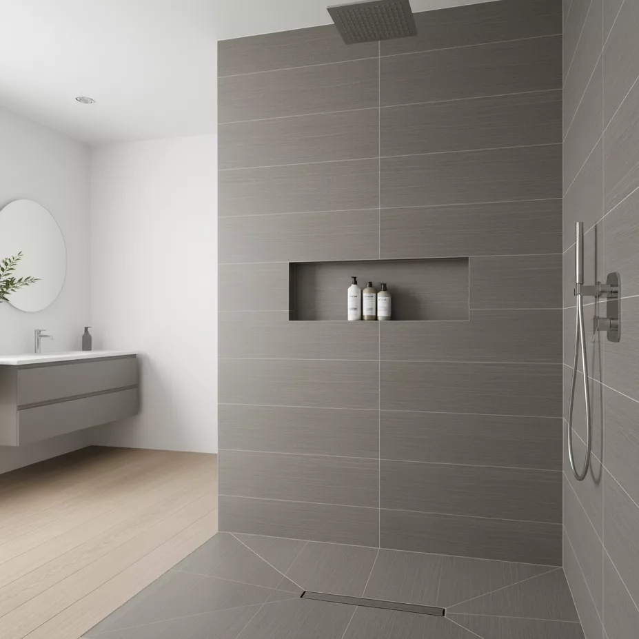 Shower with linear drain, large format tile, and rainfall shower head.